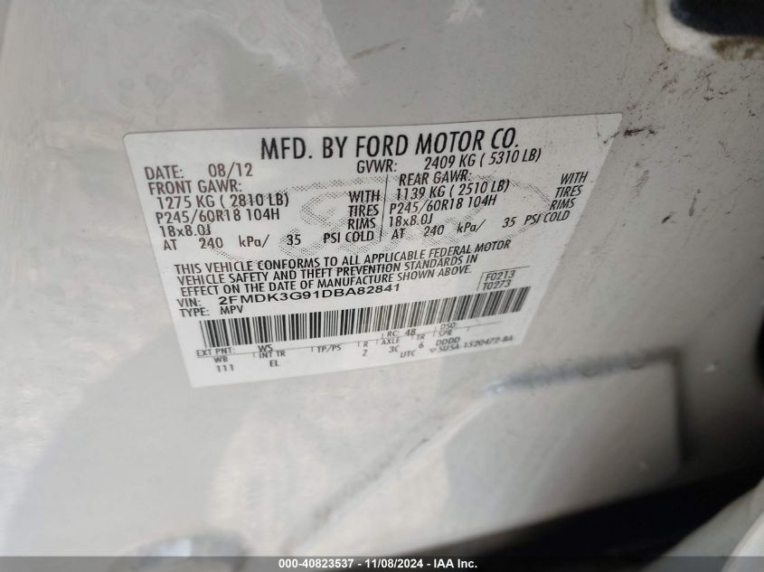 2013 Ford Edge Se VIN: 2FMDK3G91DBA82841 Lot: 40823537