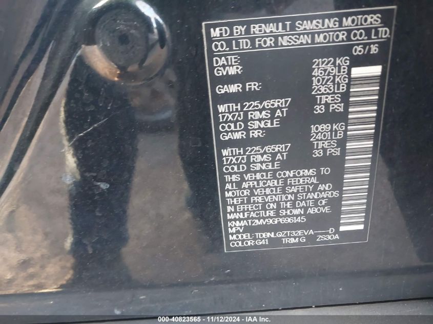 2016 NISSAN ROGUE SV - KNMAT2MV9GP696145