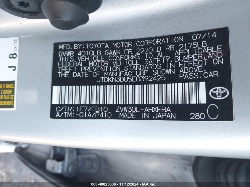 2014 Toyota Prius Two VIN: JTDKN3DU5E0392425 Lot: 40823638