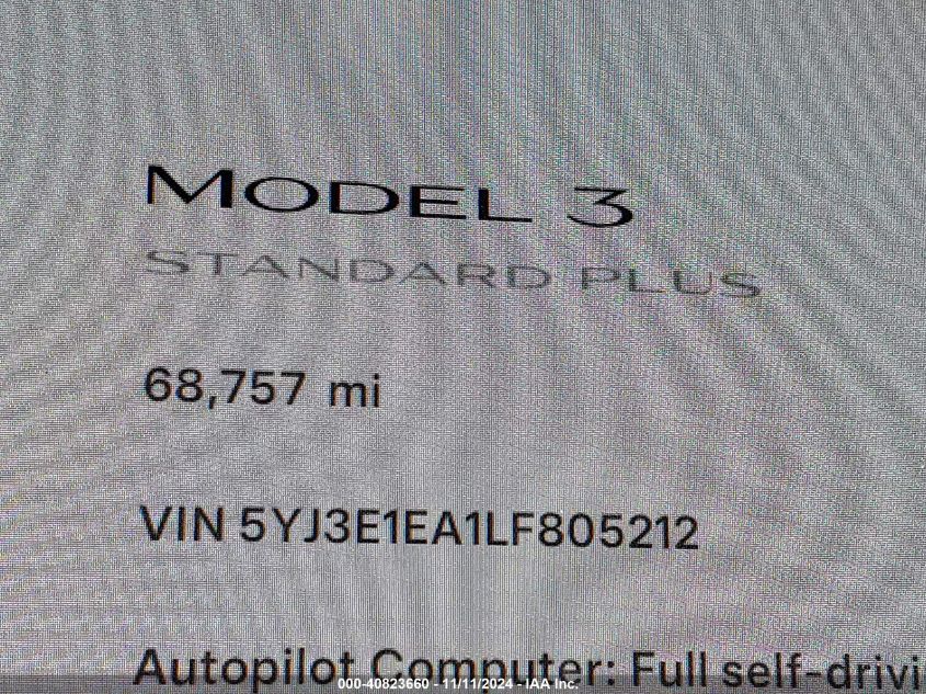 2020 Tesla Model 3 Standard Range Plus Rear-Wheel Drive/Standard Range Rear-Wheel Drive VIN: 5YJ3E1EA1LF805212 Lot: 40823660