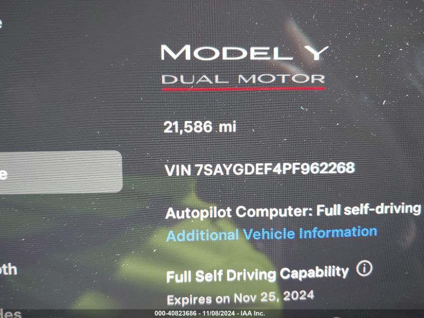 2023 Tesla Model Y Performance Dual Motor All-Wheel Drive VIN: 7SAYGDEF4PF962268 Lot: 40823686