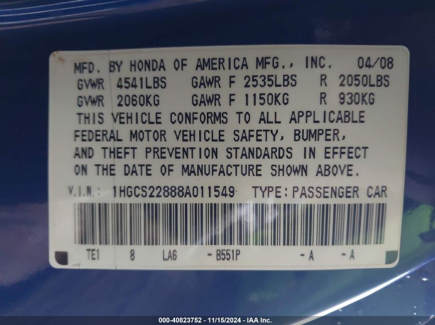 2008 Honda Accord 3.5 Ex-L VIN: 1HGCS22888A011549 Lot: 40823752