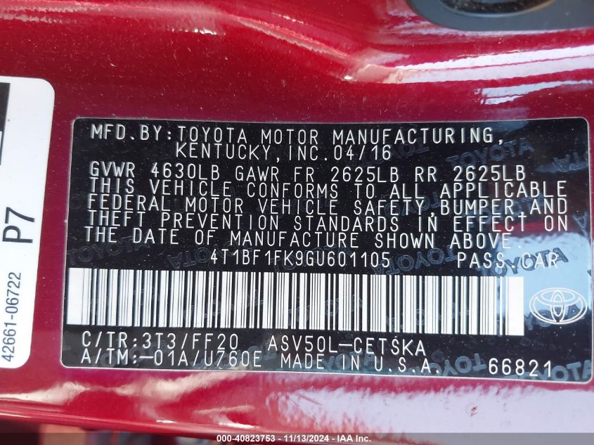 2016 TOYOTA CAMRY SE - 4T1BF1FK9GU601105