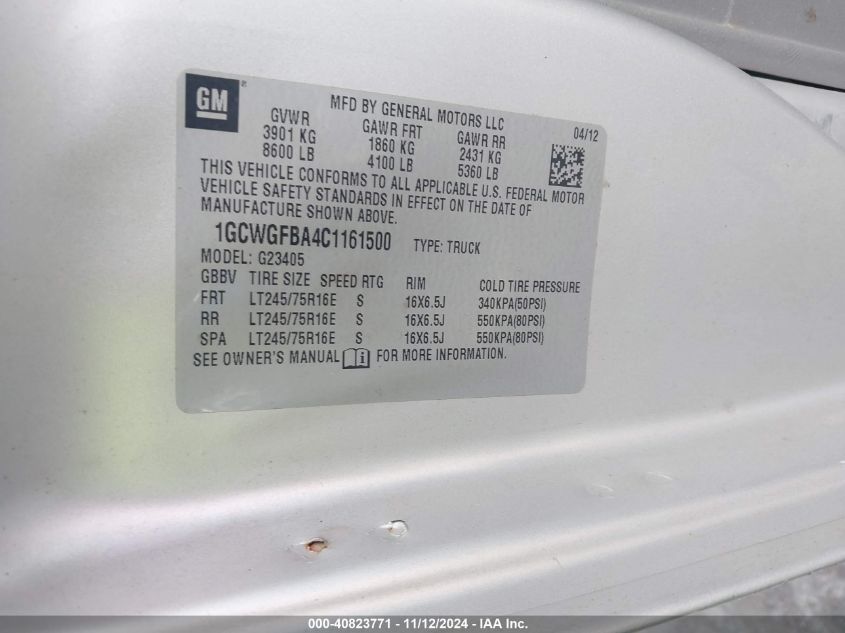 2012 Chevrolet Express 2500 Work Van VIN: 1GCWGFBA4C1161500 Lot: 40823771