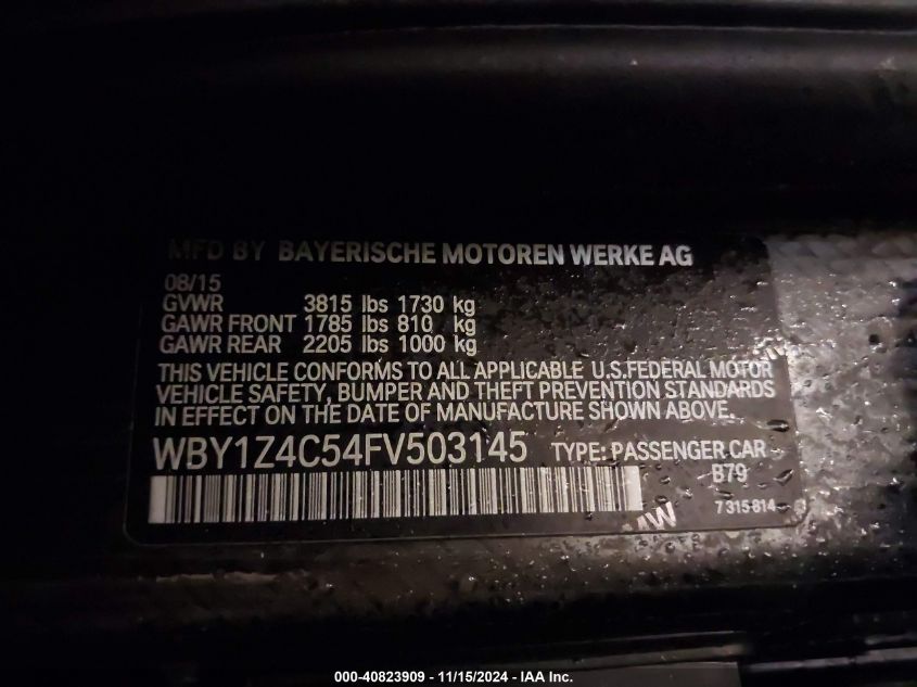 2015 BMW I3 Base W/Range Extender VIN: WBY1Z4C54FV503145 Lot: 40823909