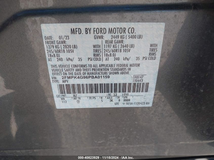 2023 Ford Edge Se VIN: 2FMPK4G96PBA01159 Lot: 40823929