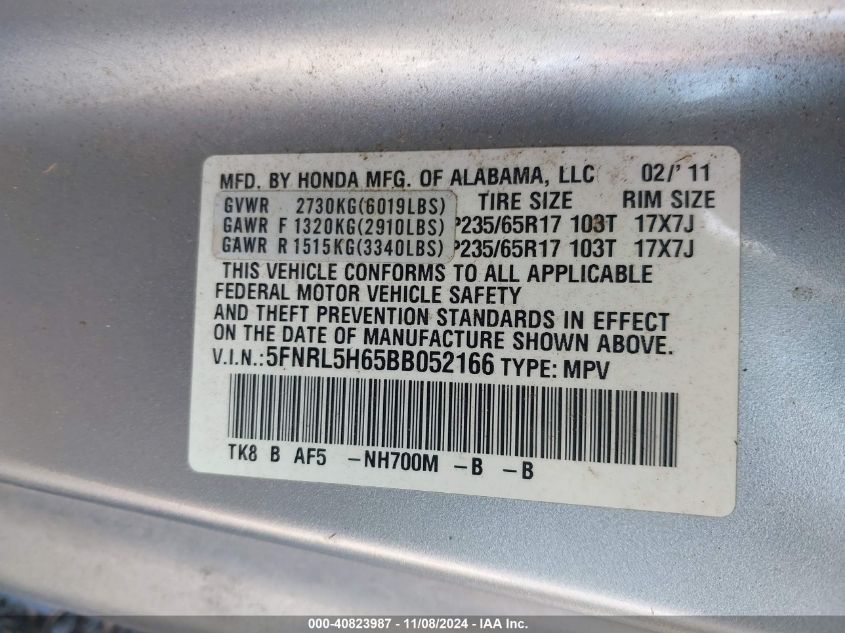 2011 Honda Odyssey Ex-L VIN: 5FNRL5H65BB052166 Lot: 40823987