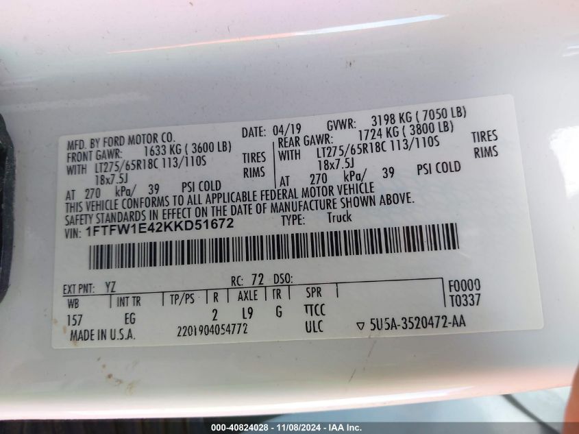 2019 FORD F-150 VIN: 1FTFW1E42KKD51672