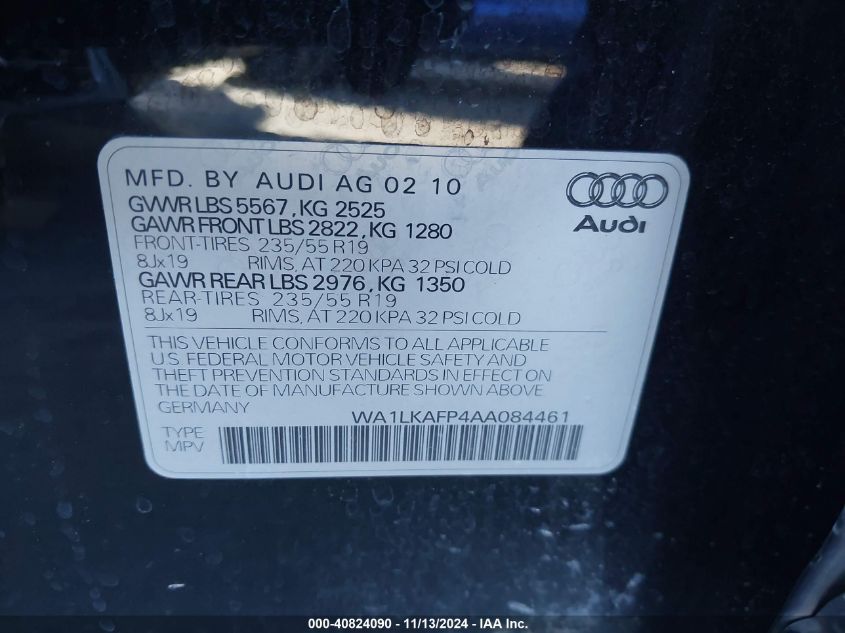 2010 Audi Q5 3.2 Premium VIN: WA1LKAFP4AA084461 Lot: 40824090