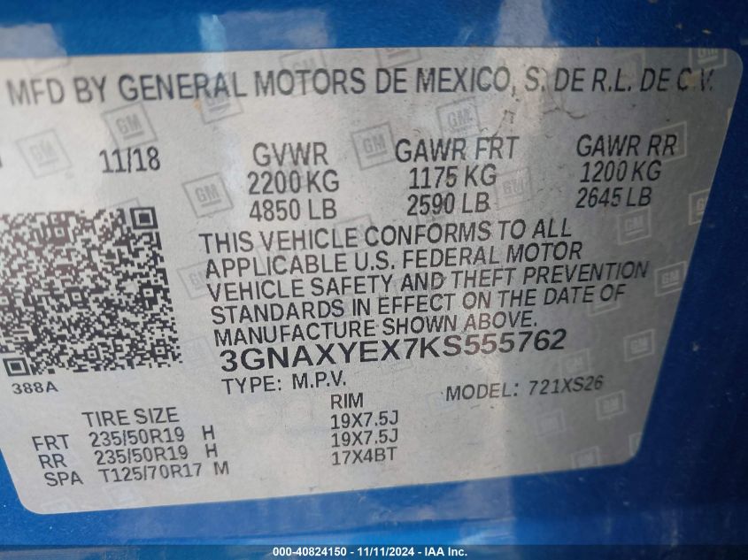 VIN 3GNAXYEX7KS555762 2019 CHEVROLET EQUINOX PREMIER