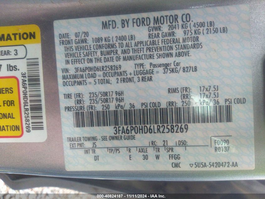 2020 Ford Fusion Se VIN: 3FA6P0HD6LR258269 Lot: 40824187