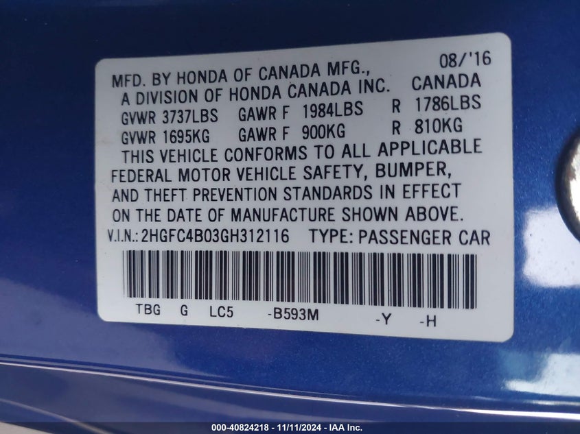 2016 HONDA CIVIC VIN: 2HGFC4B03GH312116