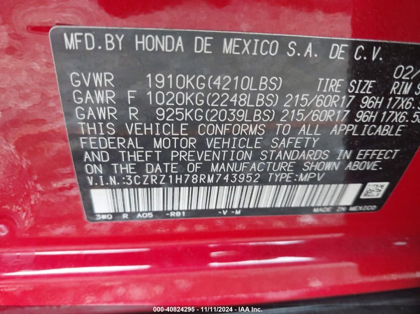 2024 Honda Hr-V 2Wd Ex-L/2Wd Ex-L W/O Bsi VIN: 3CZRZ1H78RM743952 Lot: 40824295