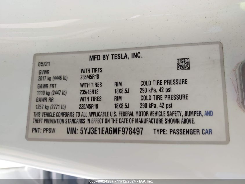 2021 Tesla Model 3 Standard Range Plus Rear-Wheel Drive VIN: 5YJ3E1EA6MF978497 Lot: 40824297