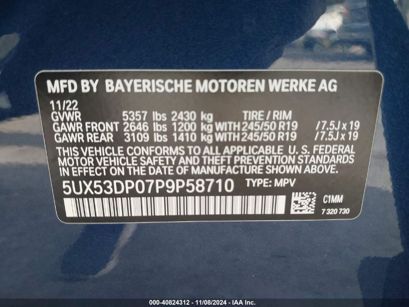 2023 BMW X3 xDrive30I VIN: 5UX53DP07P9P58710 Lot: 40824312