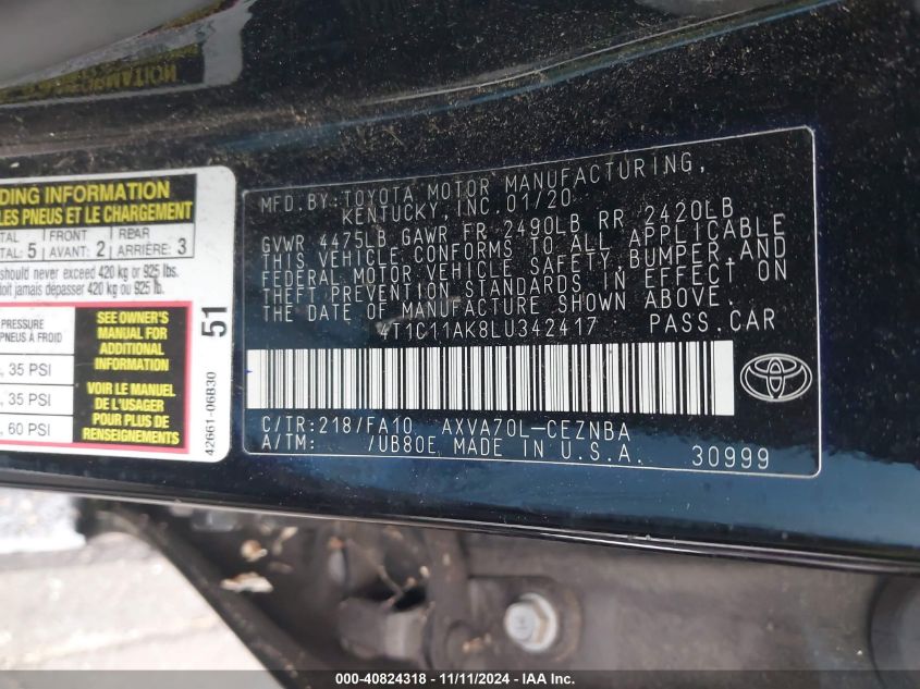 2020 TOYOTA CAMRY VIN: 4T1C11AK8LU342417