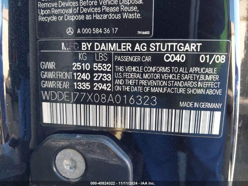 2008 Mercedes-Benz Cl 63 Amg VIN: WDDEJ77X08A016323 Lot: 40824322