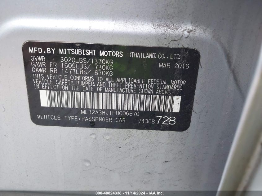 2017 Mitsubishi Mirage Es VIN: ML32A3HJ1HH006670 Lot: 40824338