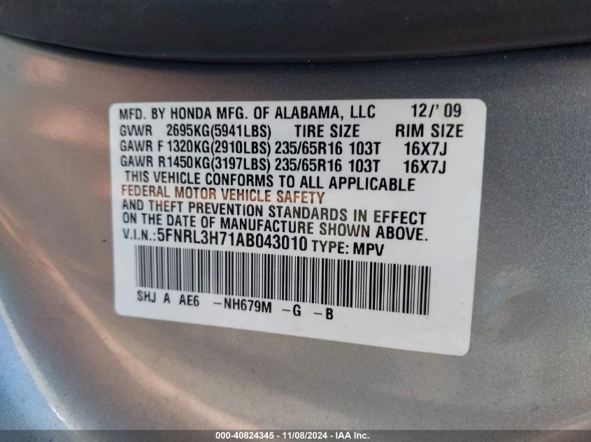 2010 Honda Odyssey Ex-L VIN: 5FNRL3H71AB043010 Lot: 40824345