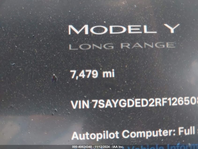 2024 Tesla Model Y Long Range Dual Motor All-Wheel Drive/Rwd VIN: 7SAYGDED2RF126508 Lot: 40824348