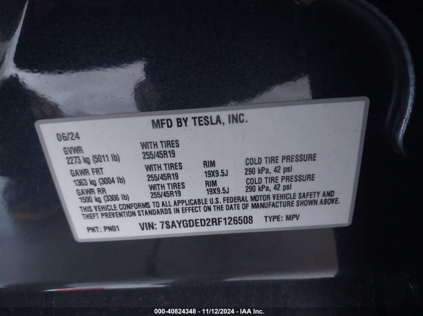 2024 Tesla Model Y Long Range Dual Motor All-Wheel Drive/Rwd VIN: 7SAYGDED2RF126508 Lot: 40824348