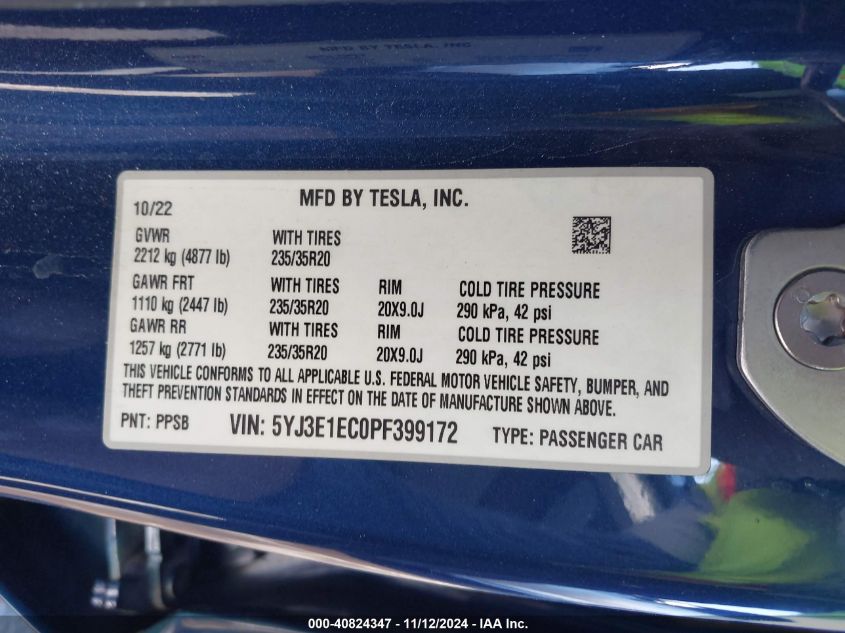 2023 Tesla Model 3 Performance Dual Motor All-Wheel Drive VIN: 5YJ3E1EC0PF399172 Lot: 40824347