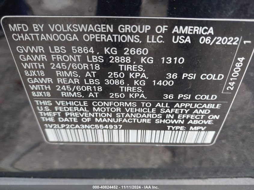 2022 Volkswagen Atlas 2.0T Se VIN: 1V2LP2CA3NC554937 Lot: 40824452