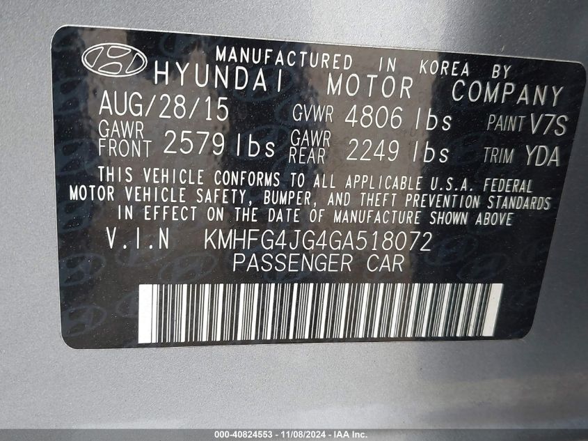 2016 HYUNDAI AZERA KMHFG4JG4GA518072