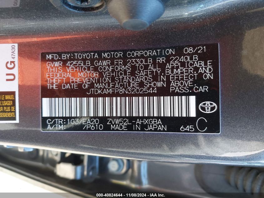 2022 Toyota Prius Prime Xle VIN: JTDKAMFP8N3202544 Lot: 40824644