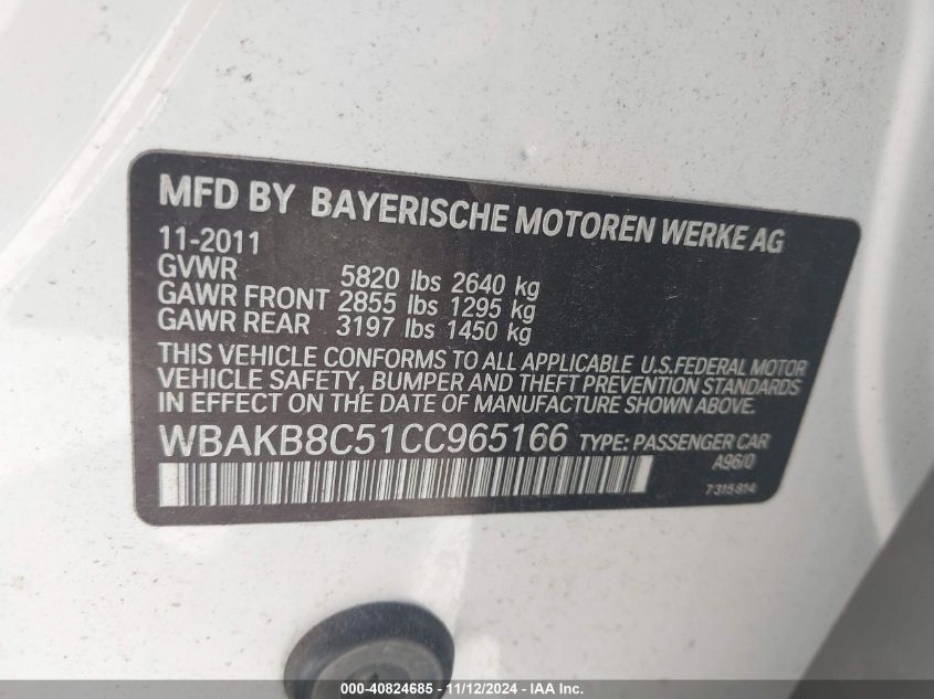 2012 BMW 750Li VIN: WBAKB8C51CC965166 Lot: 40824685