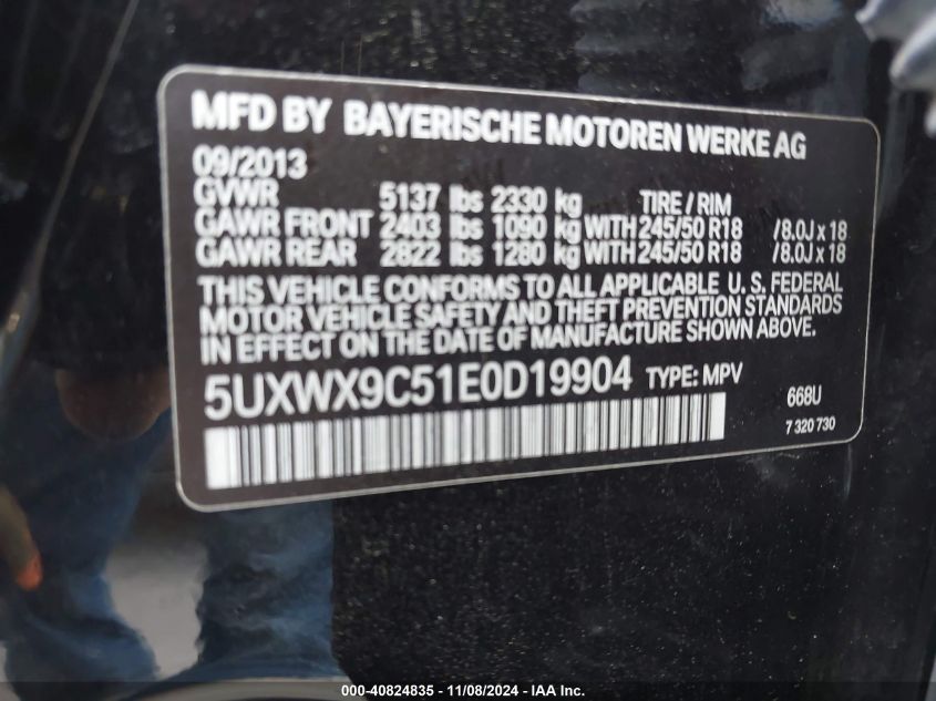 2014 BMW X3 xDrive28I VIN: 5UXWX9C51E0D19904 Lot: 40824835