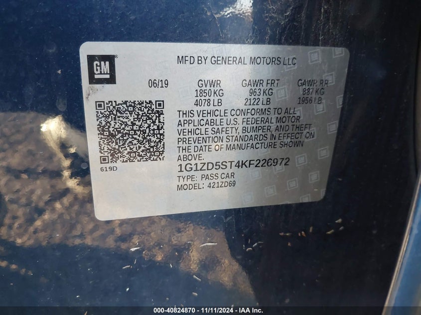 VIN 1G1ZD5ST4KF226972 2019 CHEVROLET MALIBU LT