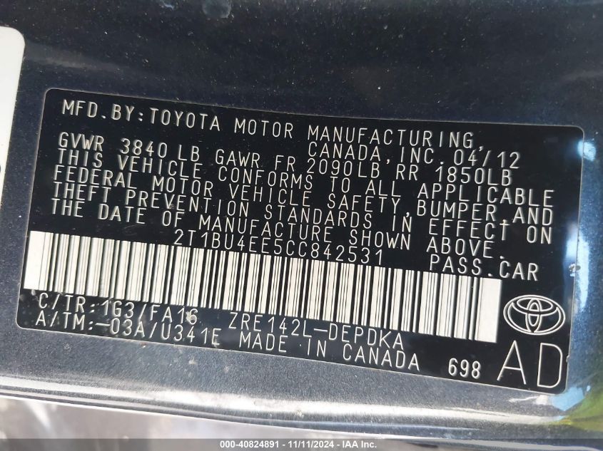 2012 Toyota Corolla L VIN: 2T1BU4EE5CC842531 Lot: 40824891