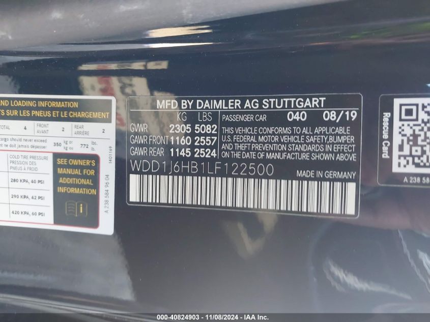 2020 Mercedes-Benz E 450 VIN: WDD1J6HB1LF122500 Lot: 40824903