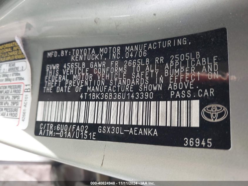 2006 TOYOTA AVALON VIN: 4T1BK36B36U143390