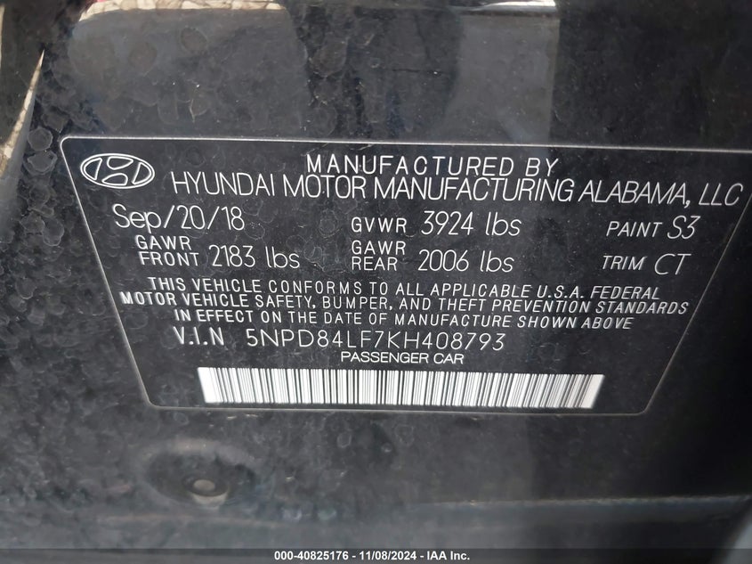 VIN 5NPD84LF7KH408793 2019 HYUNDAI ELANTRA SEL