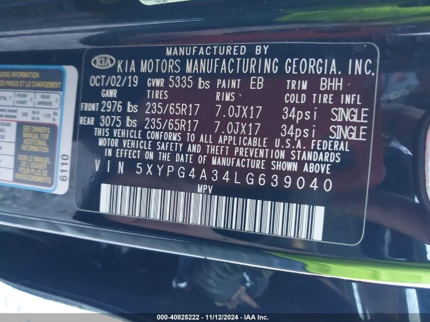 2020 Kia Sorento 2.4L Lx VIN: 5XYPG4A34LG639040 Lot: 40825222