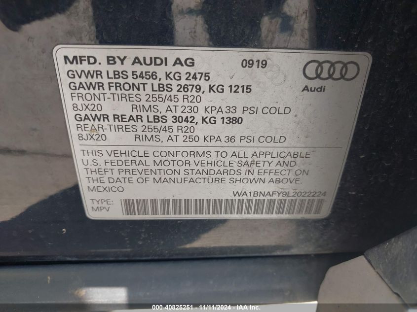 2020 Audi Q5 Premium Plus 45 Tfsi Quattro S Tronic VIN: WA1BNAFY9L2022224 Lot: 40825251