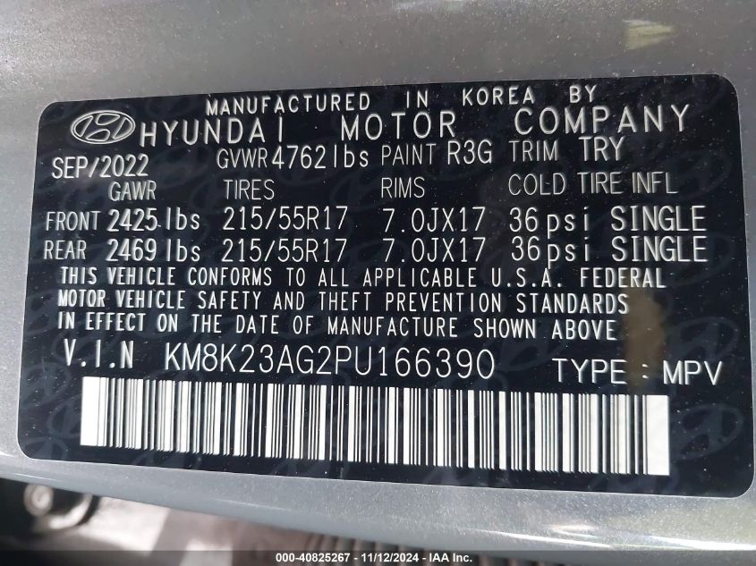 2023 Hyundai Kona Electric Se VIN: KM8K23AG2PU166390 Lot: 40825267