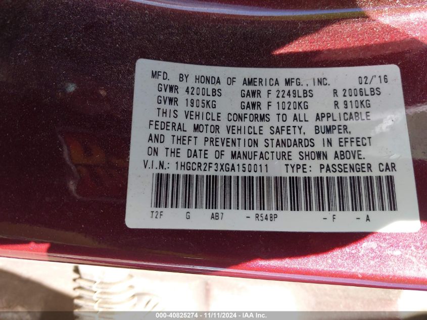 2016 HONDA ACCORD VIN: 1HGCR2F3XGA150011