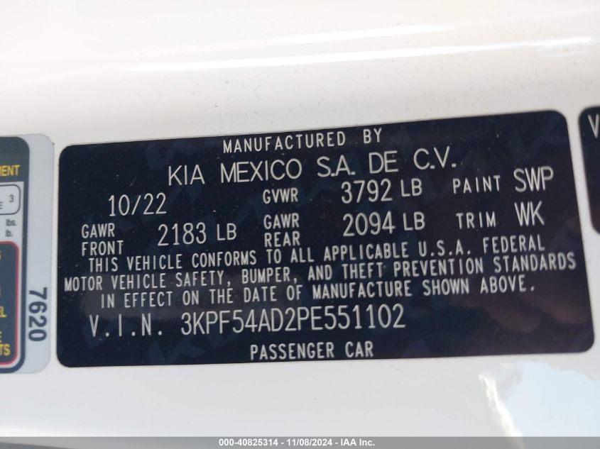 2023 Kia Forte Gt-Line VIN: 3KPF54AD2PE551102 Lot: 40825314