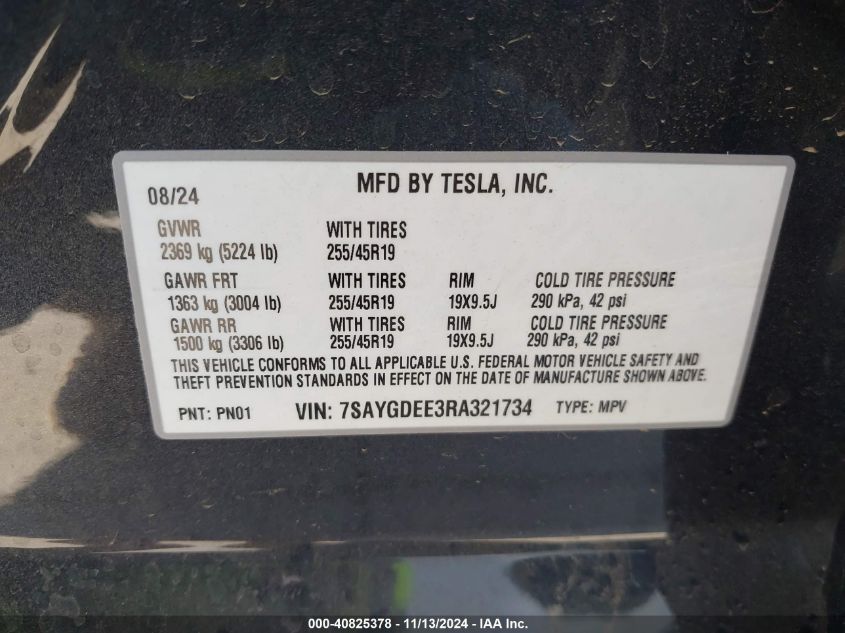 2024 Tesla Model Y Long Range Dual Motor All-Wheel Drive VIN: 7SAYGDEE3RA321734 Lot: 40825378