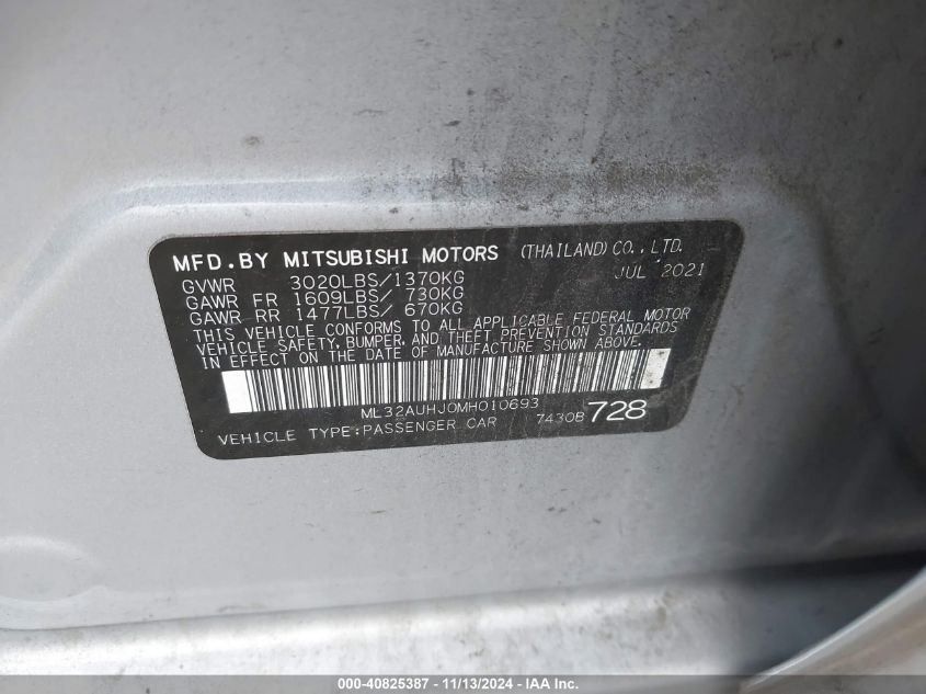 2021 Mitsubishi Mirage Le VIN: ML32AUHJ0MH010693 Lot: 40825387