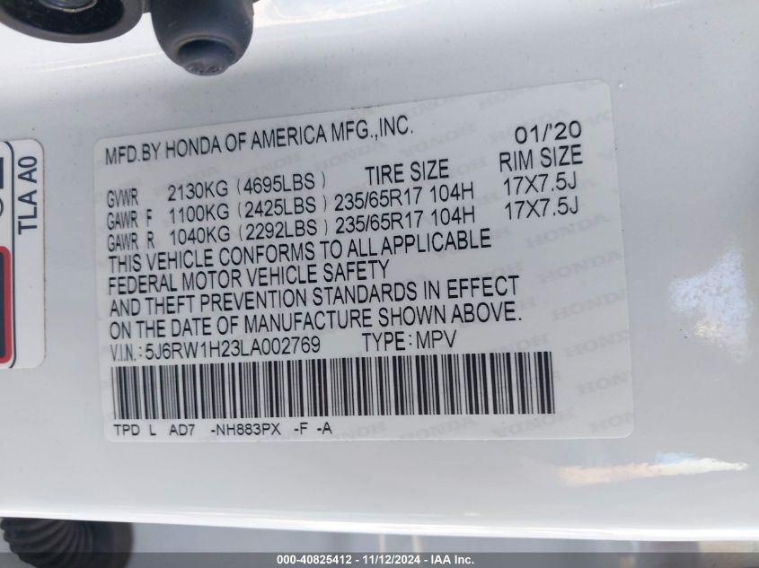 2020 HONDA CR-V VIN: 5J6RW1H23LA002769
