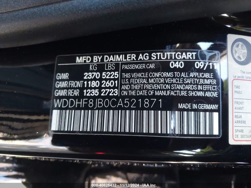 2012 Mercedes-Benz E 350 4Matic VIN: WDDHF8JB0CA521871 Lot: 40825432