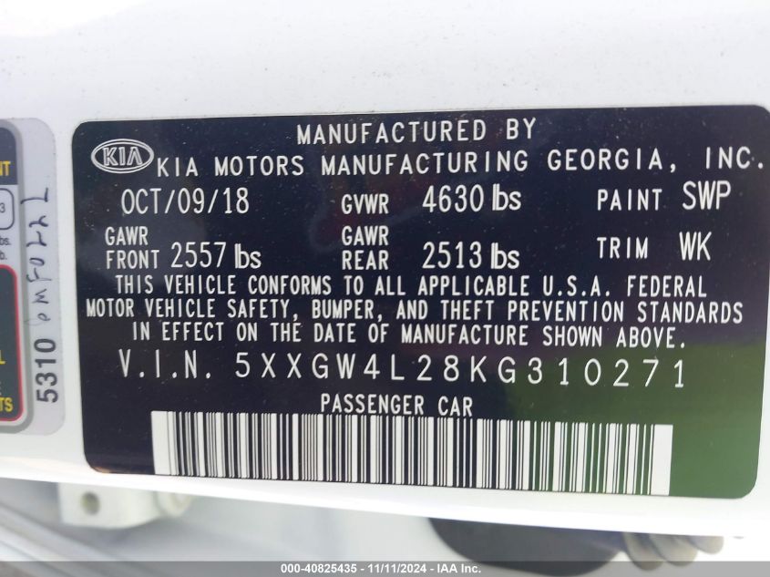 2019 KIA OPTIMA VIN: 5XXGW4L28KG310271