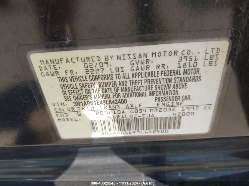 2009 Nissan Sentra 2.0 VIN: 3N1AB61E49L642400 Lot: 40825545