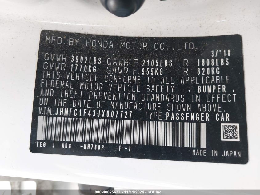 VIN JHMFC1F43JX007727 2018 HONDA CIVIC EX-T