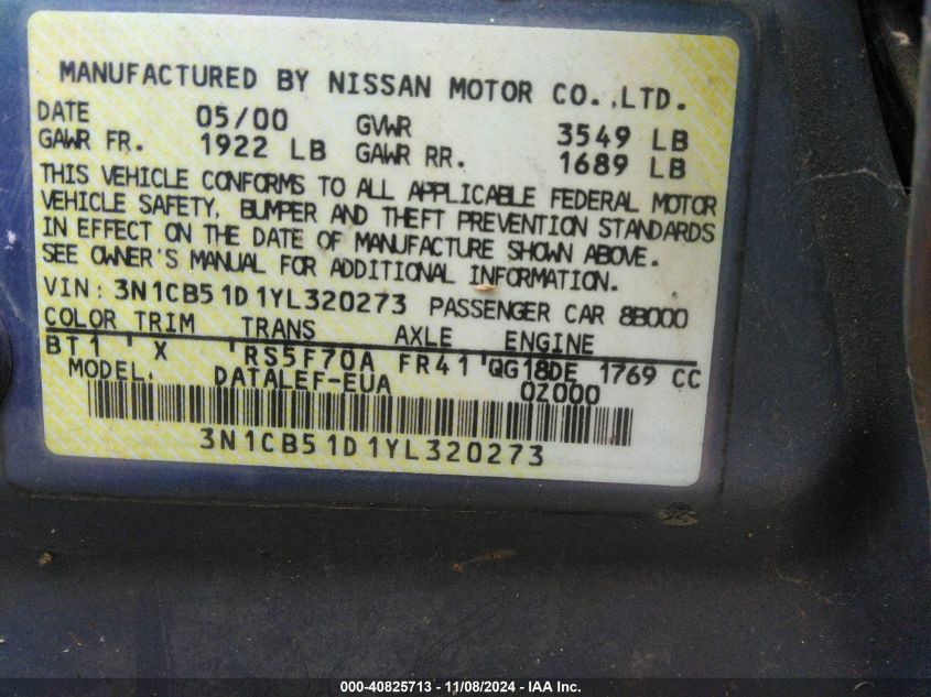 2000 Nissan Sentra Gxe/Xe VIN: 3N1CB51D1YL320273 Lot: 40825713