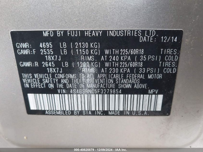 VIN 4S4BSBNC5F3279854 2015 Subaru Outback, 2.5I Lim... no.9